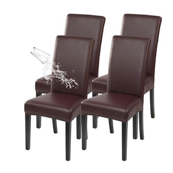 Set Of 4 Brown Faux Leather Waterproof Dining Room Chair Covers Stretch Slipcove - Picture 1 of 4